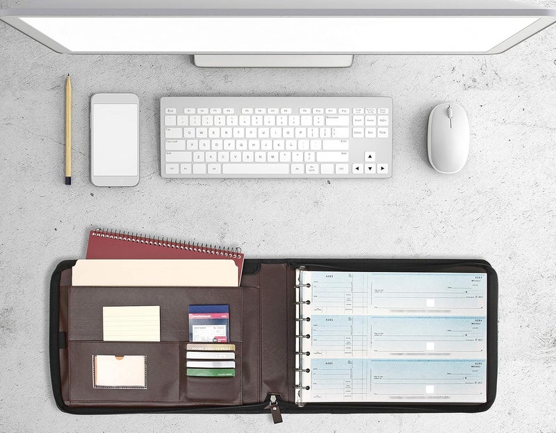 2Fold Zippered Business Checkbook Binder - 7 Ring Binder for Business Checks with Built-in Organizer and Card Case - PU Leather Portfolio for up to 600 3-Up Checks (Dark Brown) - Image 2